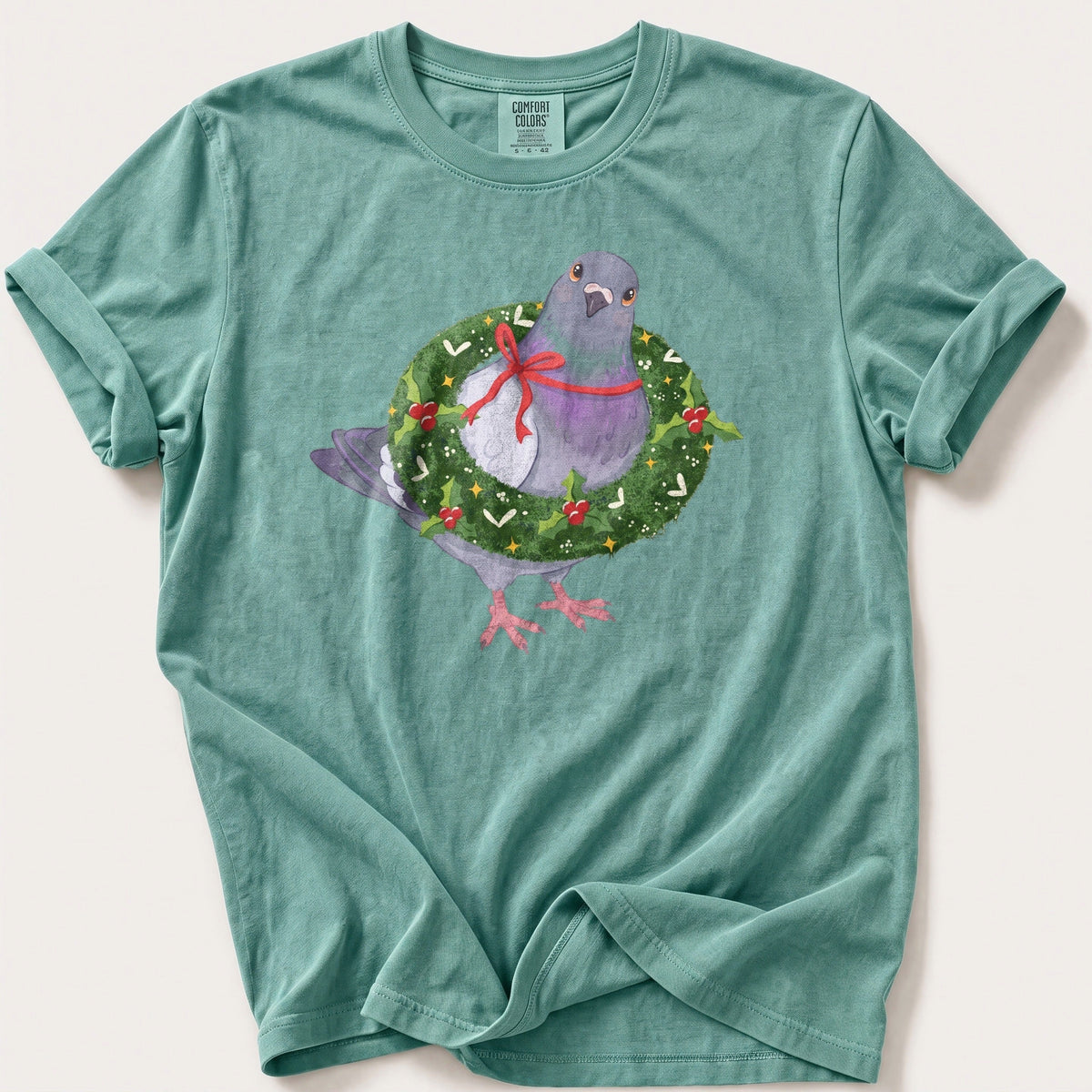 Pigeon In A Wreath — Seafoam Comfort Colors tee
