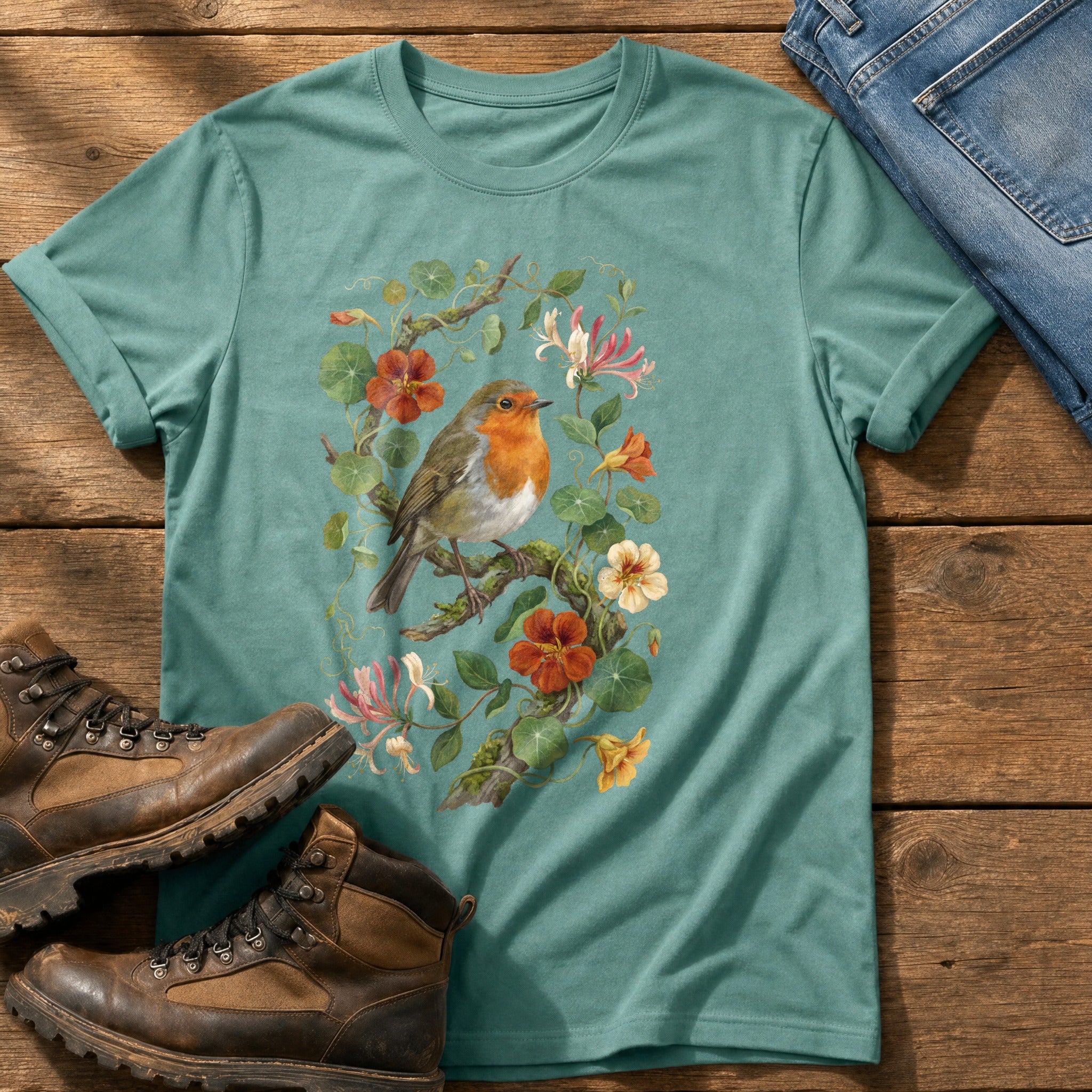 Robin & Nasturtiums — Seafoam Comfort Colors tee