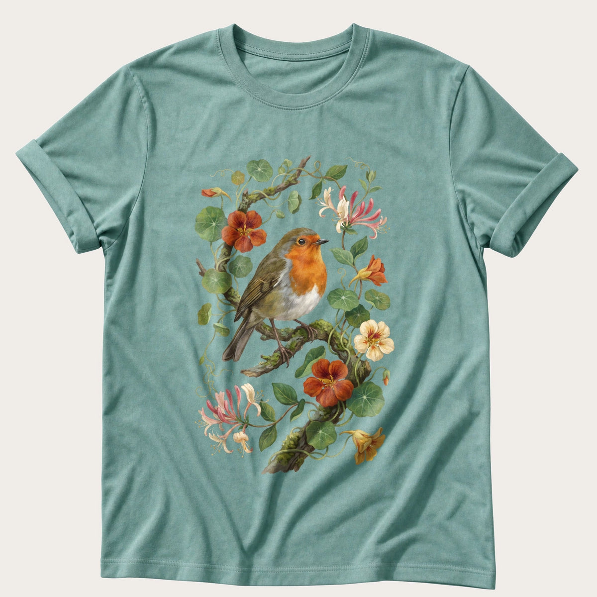 Robin & Nasturtiums — Seafoam Comfort Colors tee