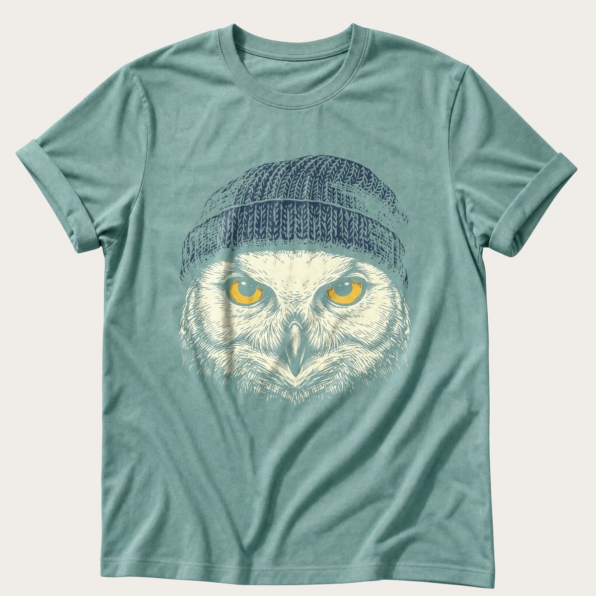 Snow Owl Beanie 44 — Seafoam Comfort Colors tee
