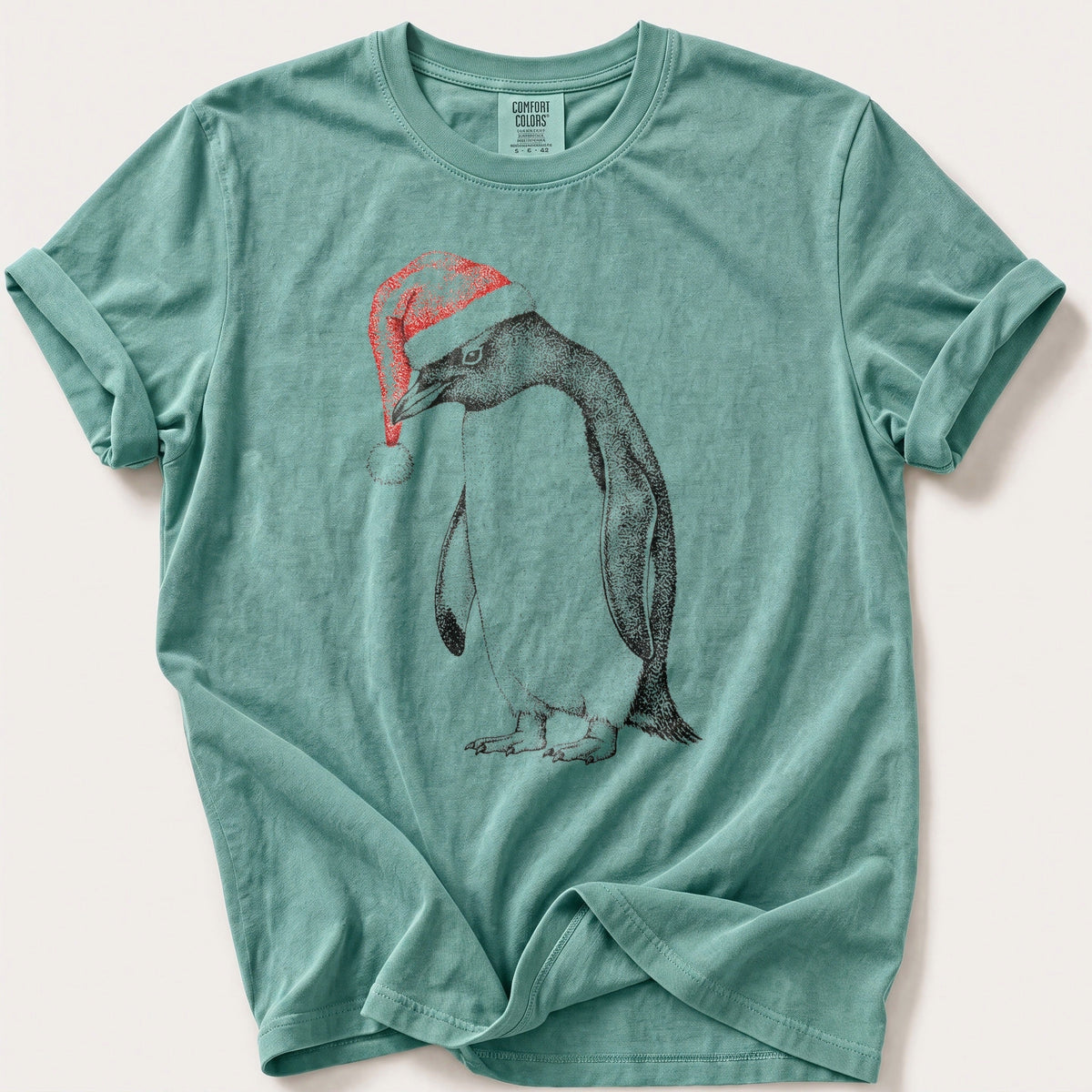 Stipple Santa Penguin — Seafoam Comfort Colors tee