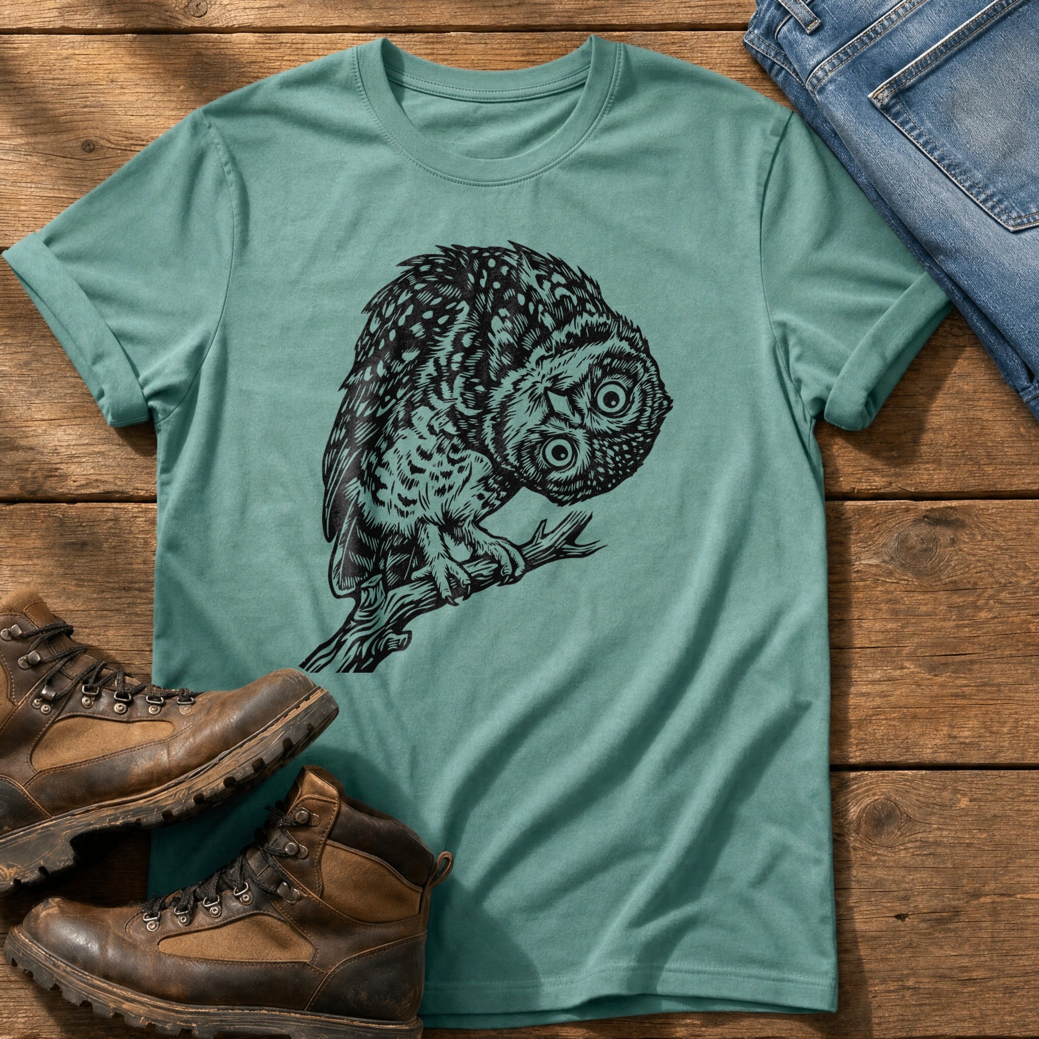 Tilted Head Owl 11 — Seafoam Comfort Colors tee