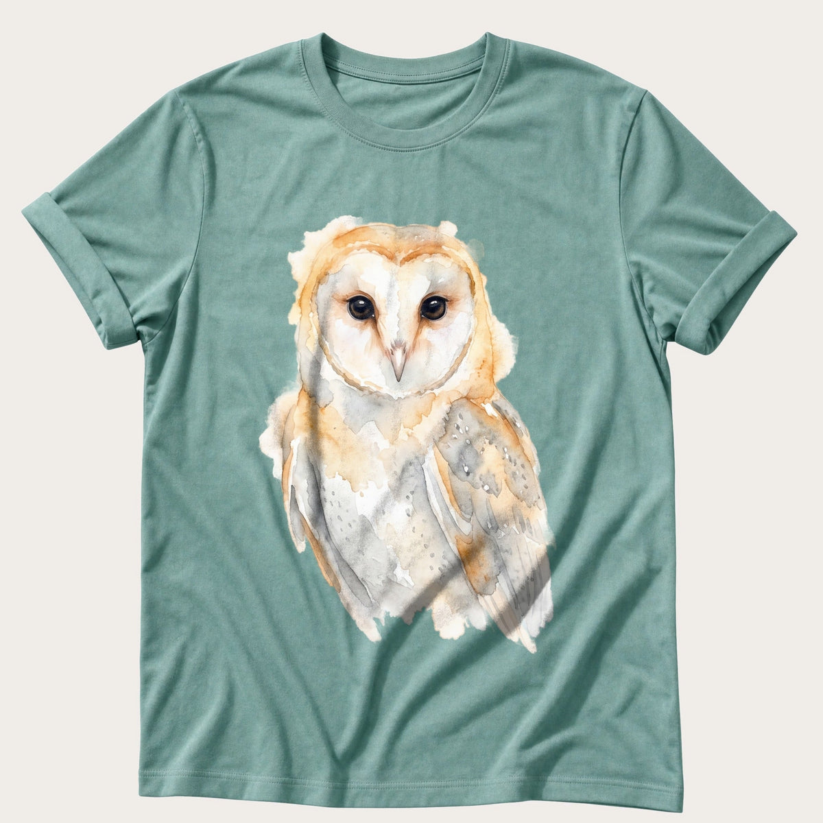 Watercolour Barn Owl — Seafoam Comfort Colors tee