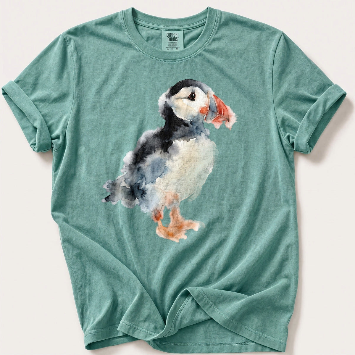 Watercolour Puffin — Seafoam Comfort Colors tee