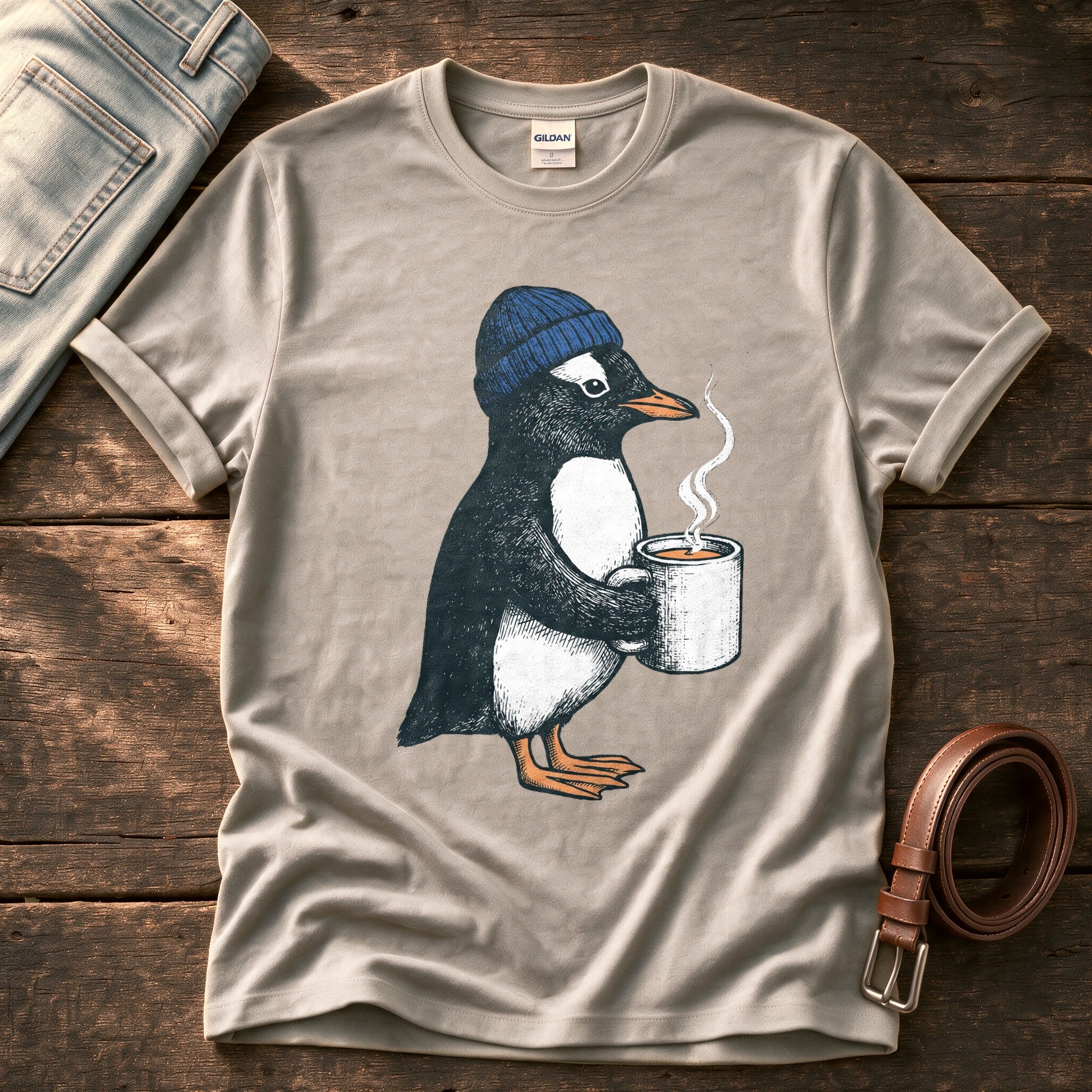 Coffee Penguin — Stone Comfort Colors tee
