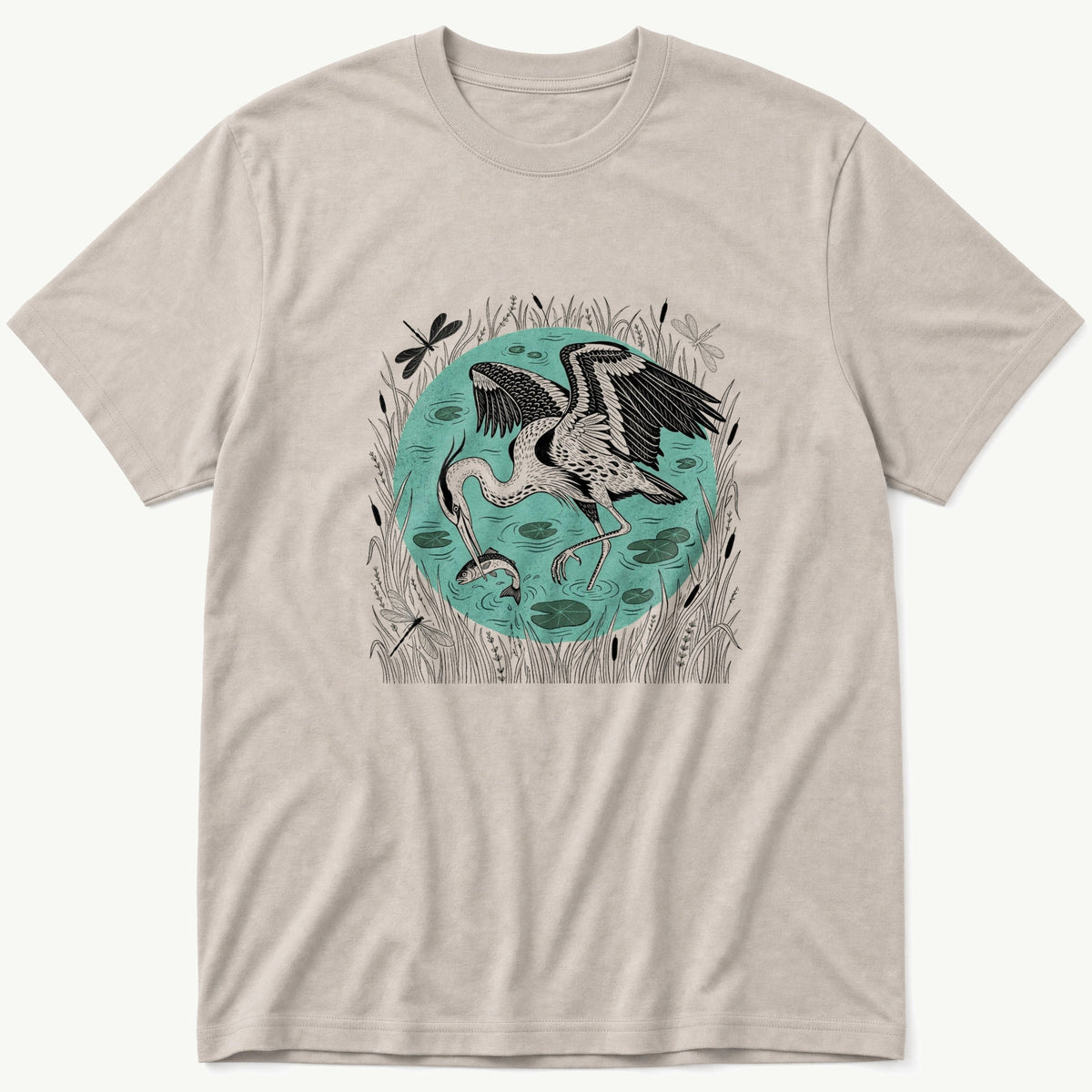 Crane In Pond 3 — Stone T-Shirt