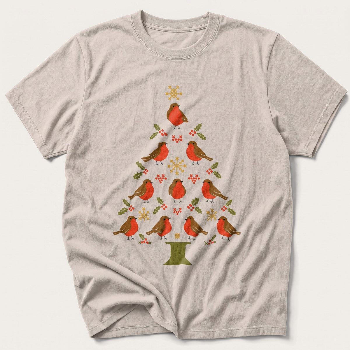 Folk Robin Christmas Tree — Stone T-Shirt