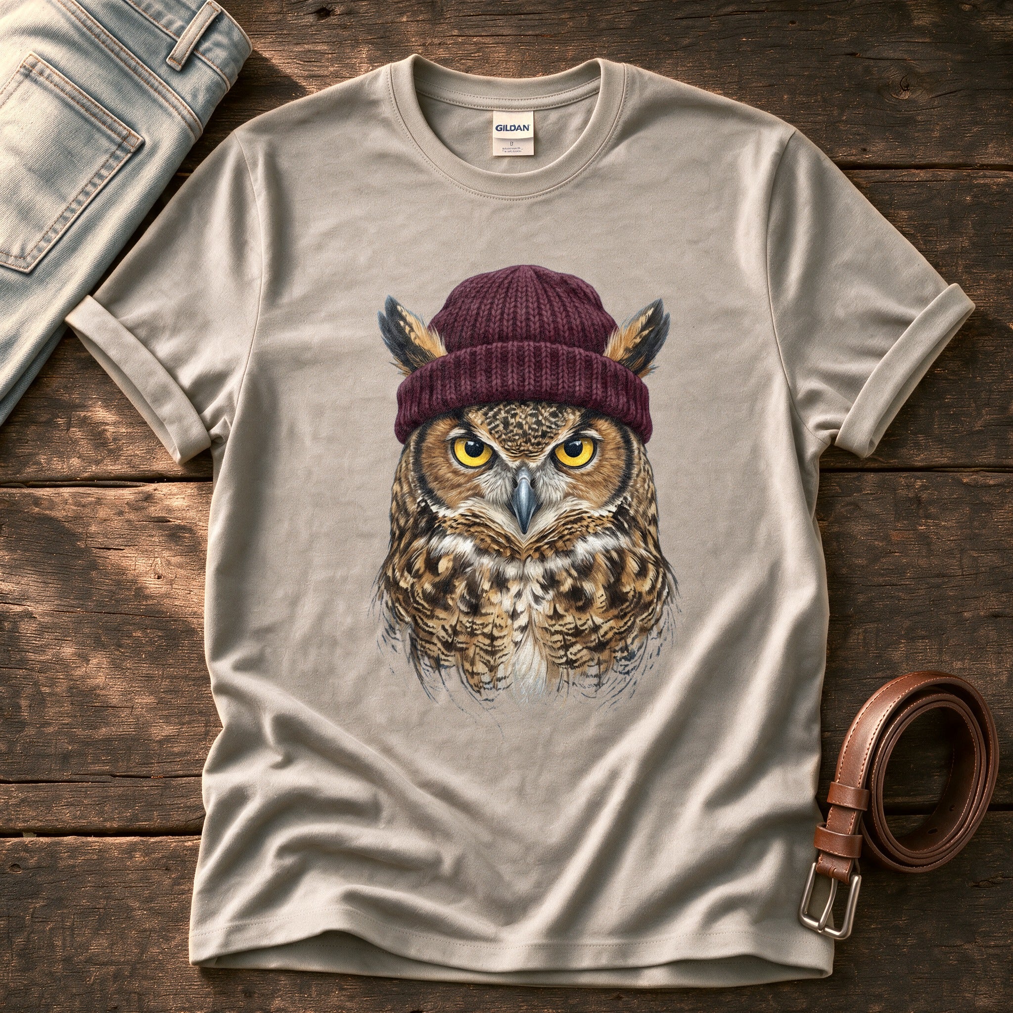 Owl Wool Hat 3 — Stone Comfort Colors tee