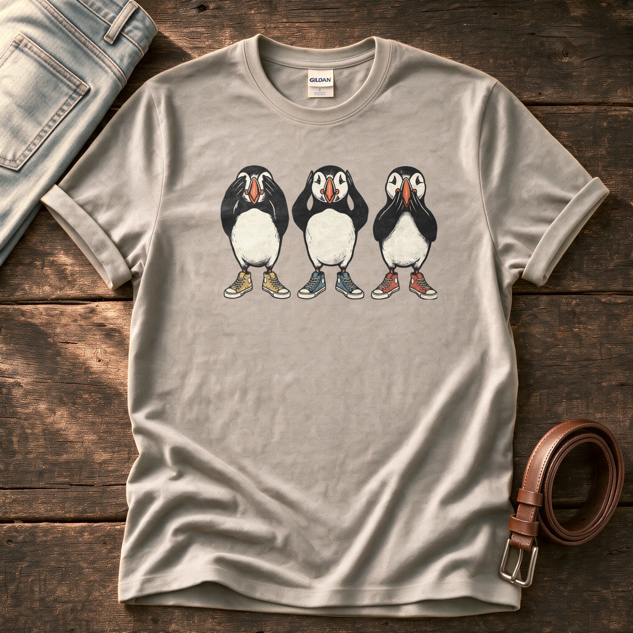 See Hear Speak Puffins 5 — Stone Comfort Colors tee