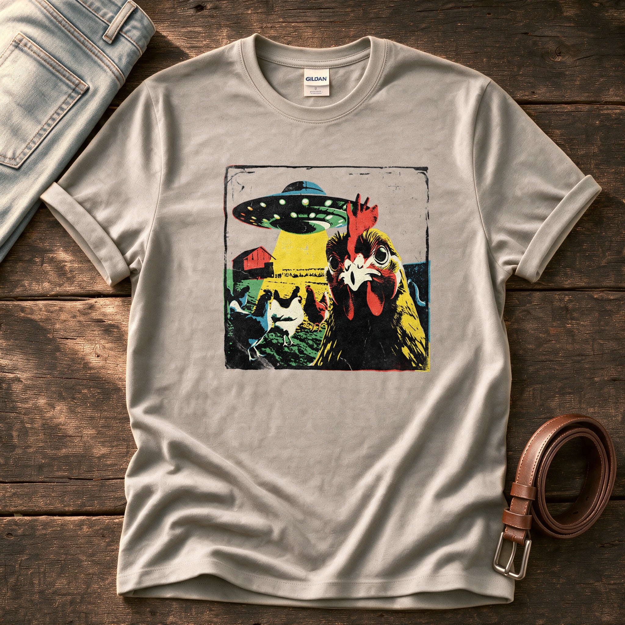 Spaceship Chicken 22 — Stone Comfort Colors tee