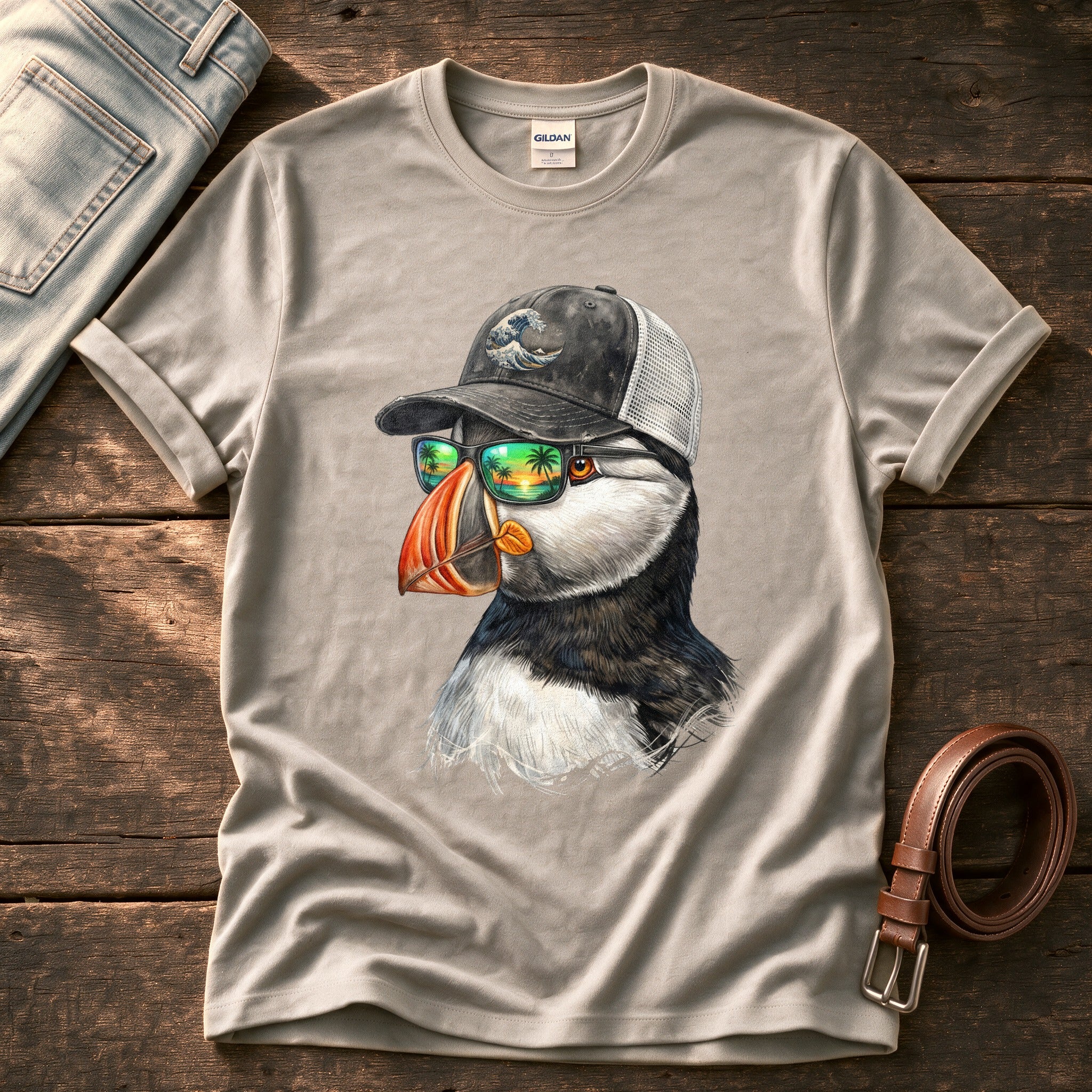 Trucker Puffin 1 — Stone Comfort Colors tee