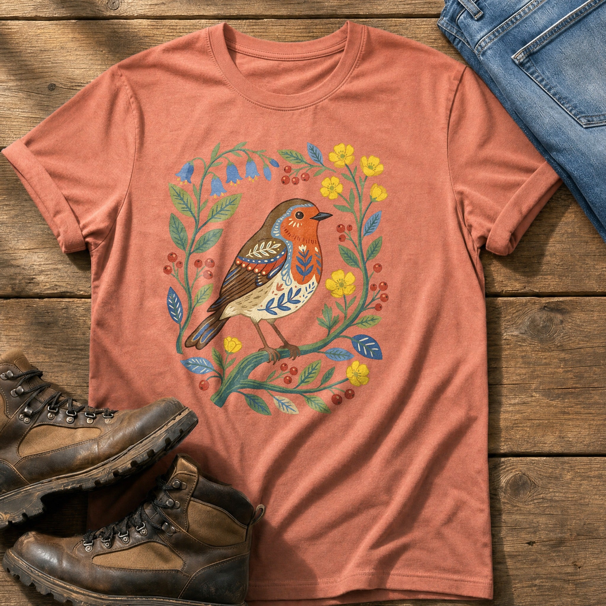 Folk Style Robin — Terracotta Comfort Colors tee