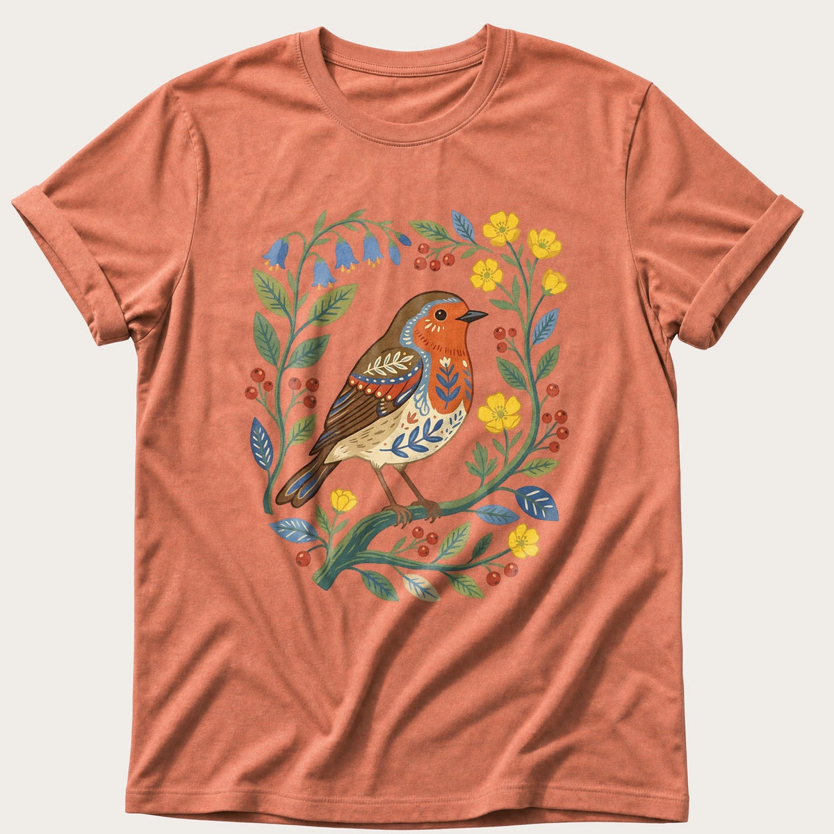 Folk Style Robin — Terracotta Comfort Colors tee