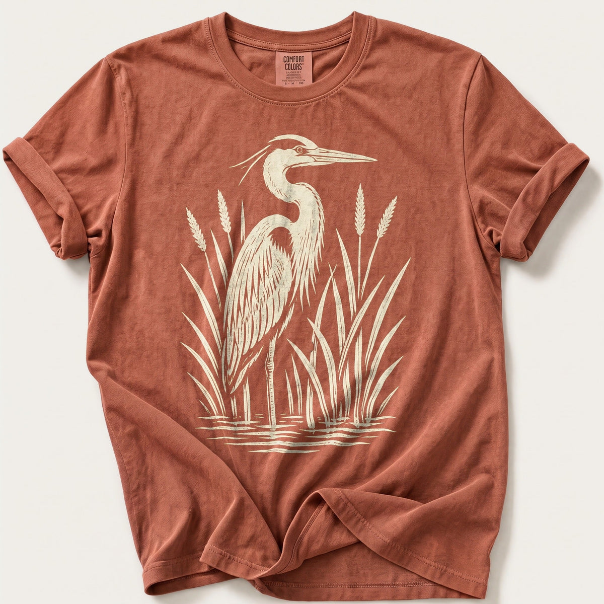 Linocut Heron — Terracotta Comfort Colors tee
