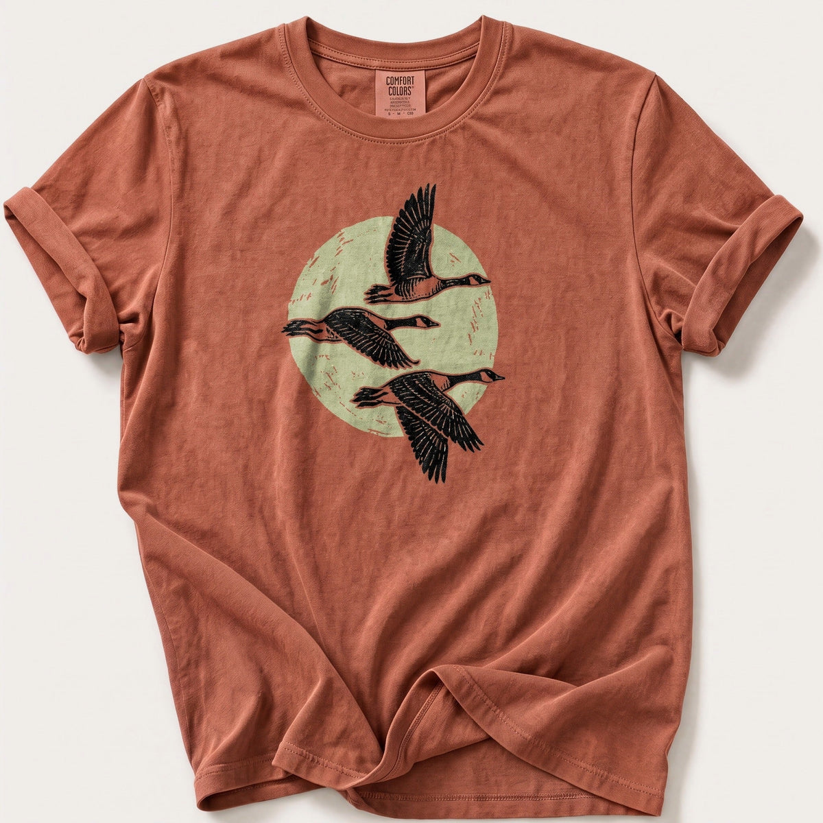 Moonrise Geese — Terracotta Comfort Colors tee