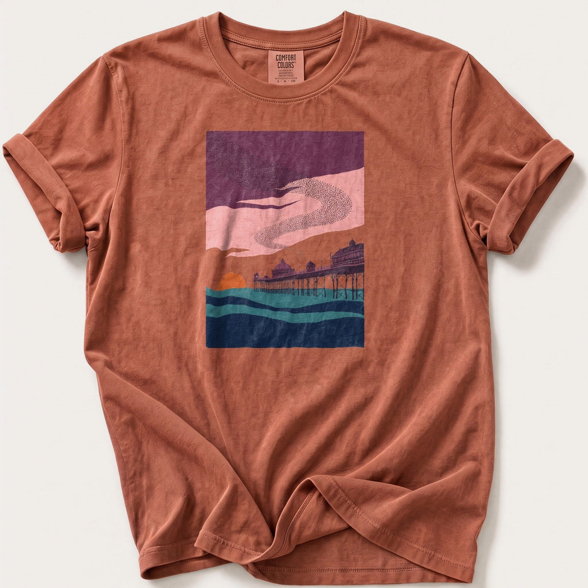 Murmuration Over The Pier — Terracotta Comfort Colors tee