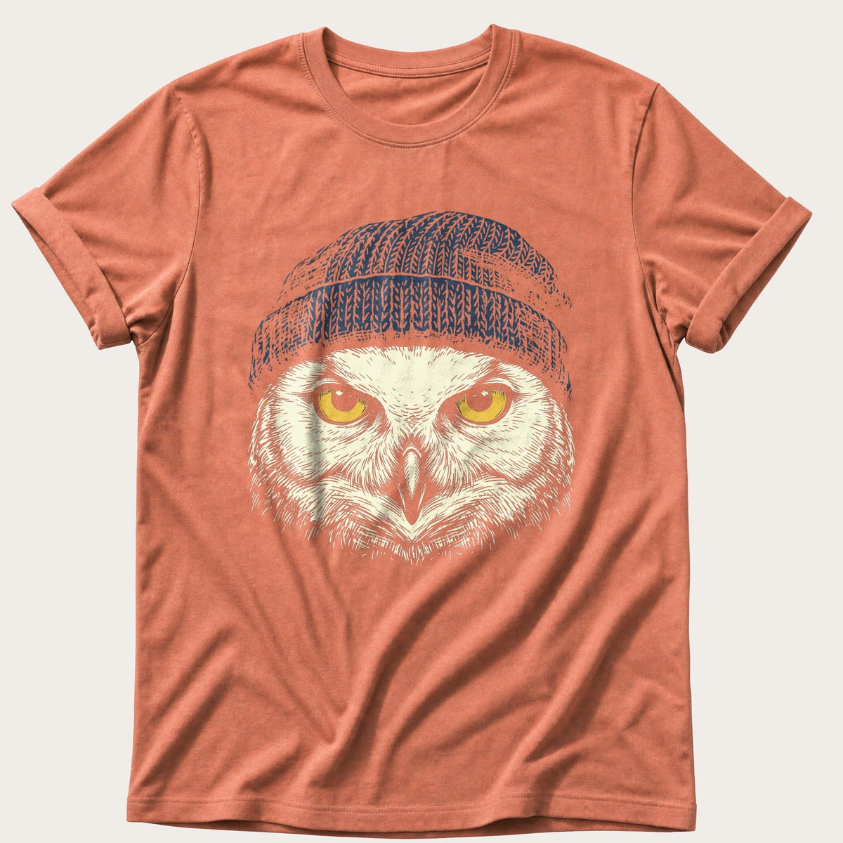 Snow Owl Beanie 44 — Terracotta Comfort Colors tee