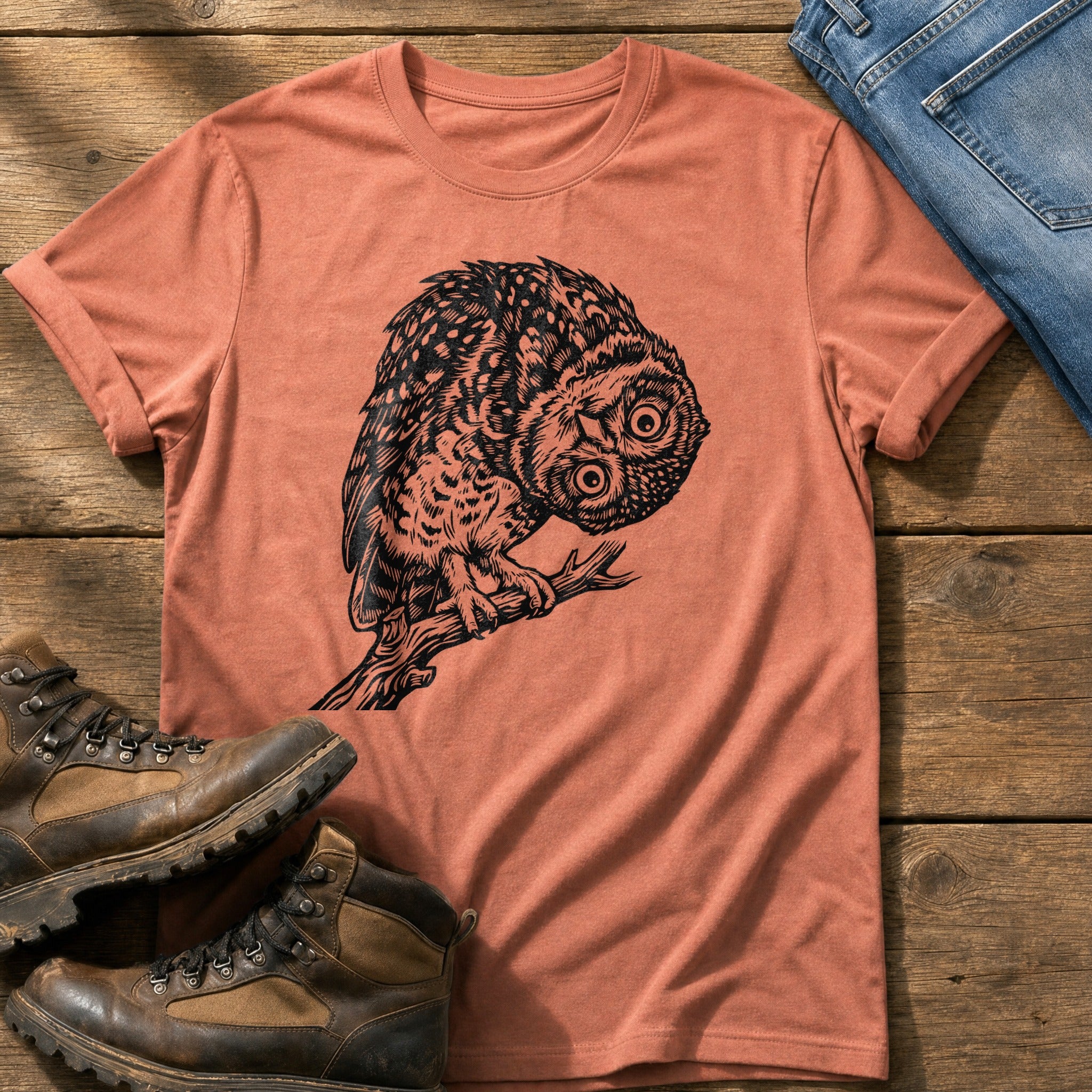 Tilted Head Owl 11 — Terracotta Comfort Colors tee