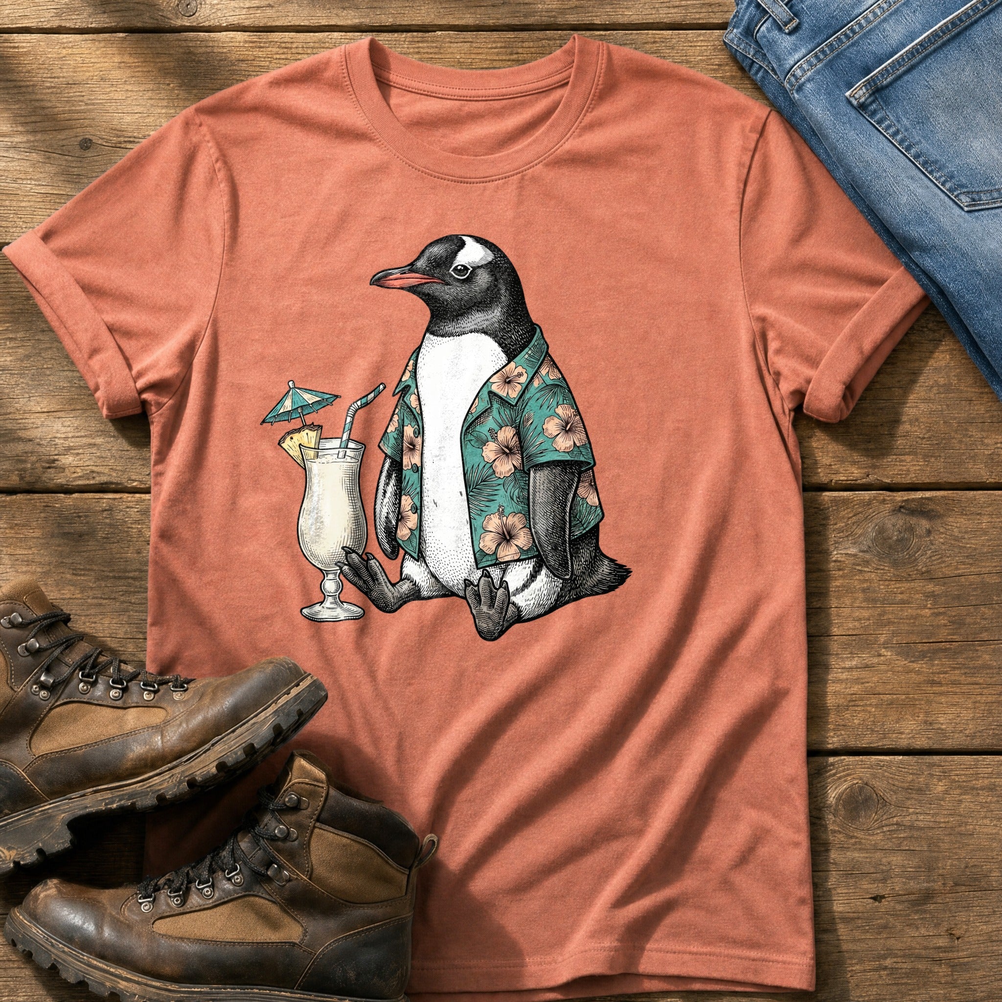Tropical Penguin — Terracotta Comfort Colors tee