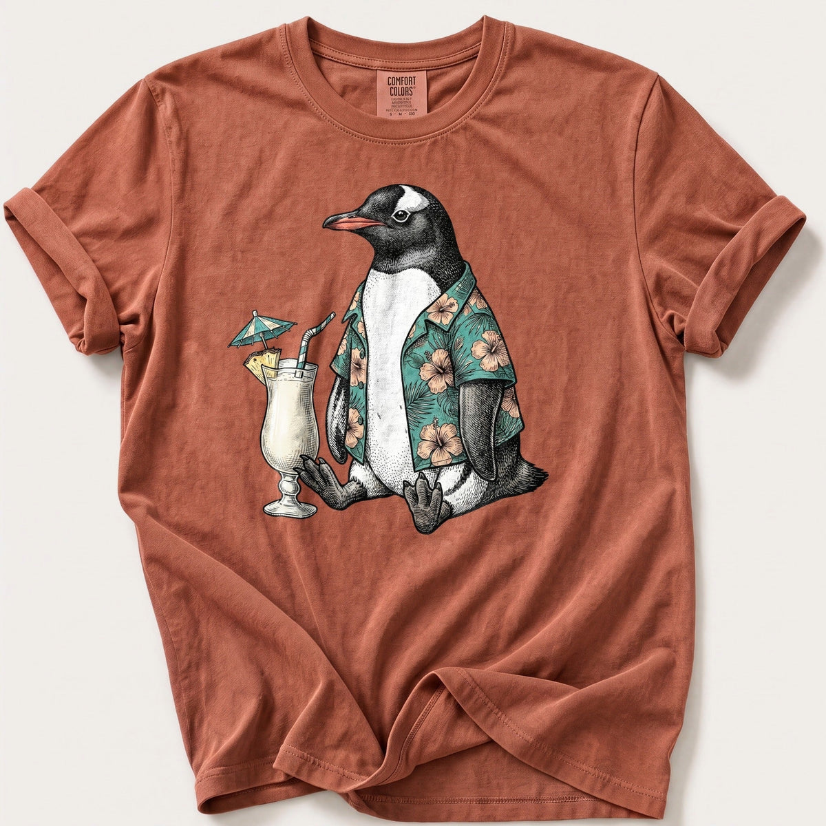 Tropical Penguin — Terracotta Comfort Colors tee