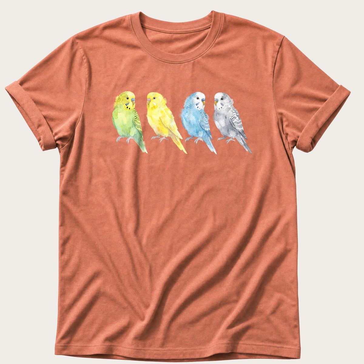 Watercolour Budgies — Terracotta Comfort Colors tee