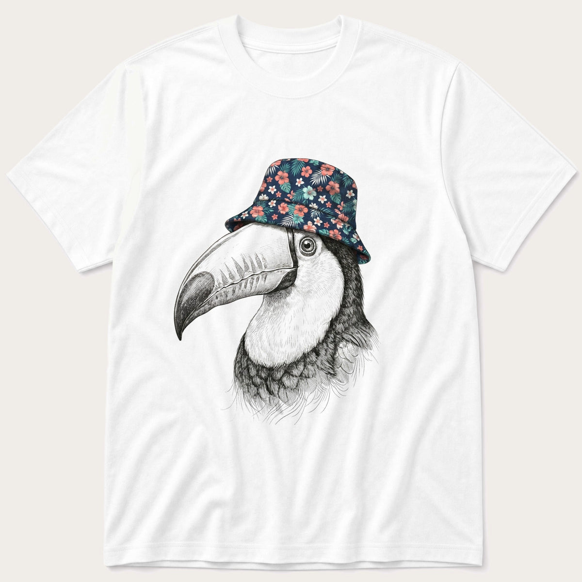 Bucket Hat Toucan 3 — White T-Shirt