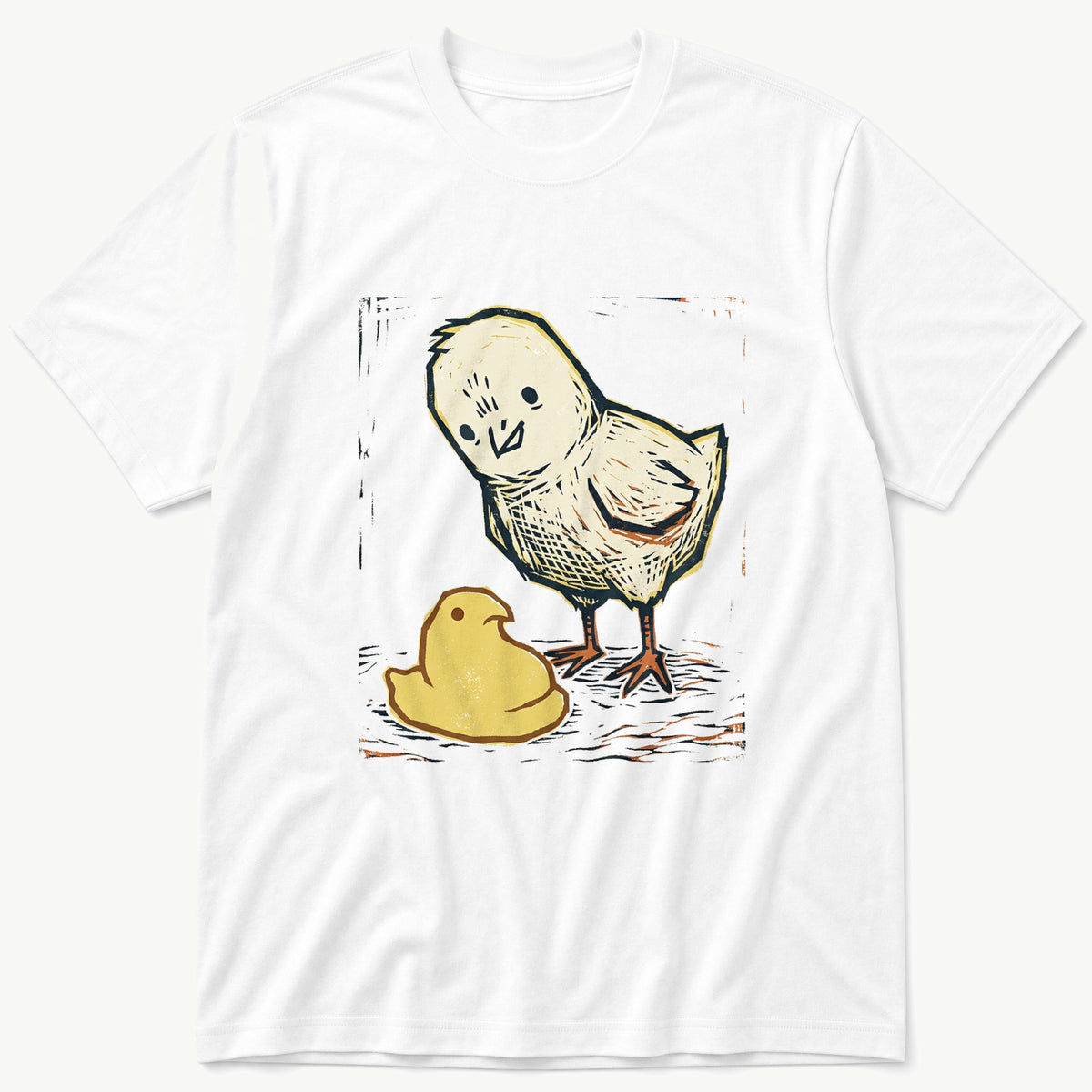 Chick Peep Woodcut — White T-Shirt