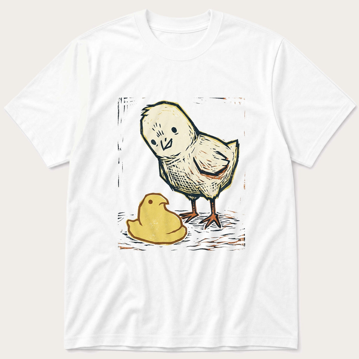 Chick Peep Woodcut — White T-Shirt