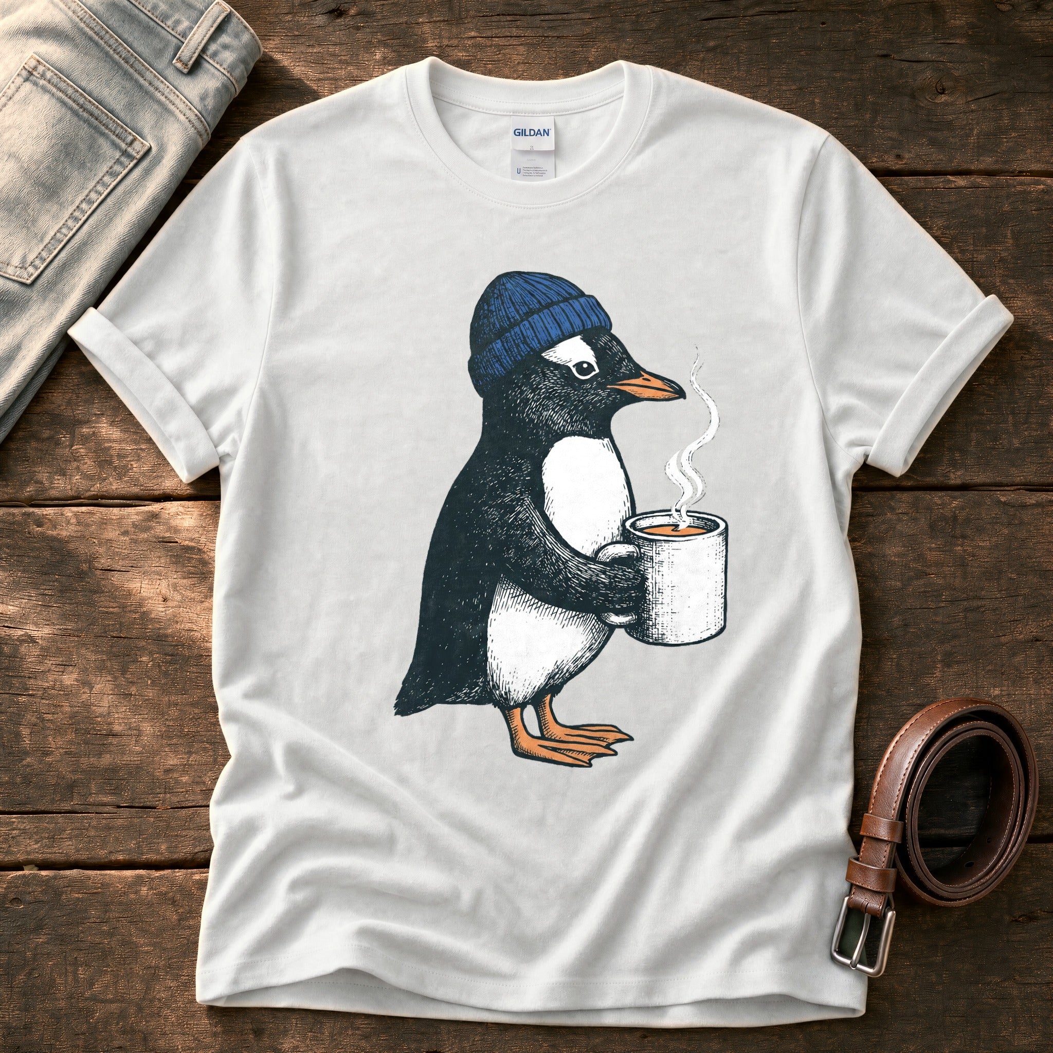 Coffee Penguin — White Comfort Colors tee