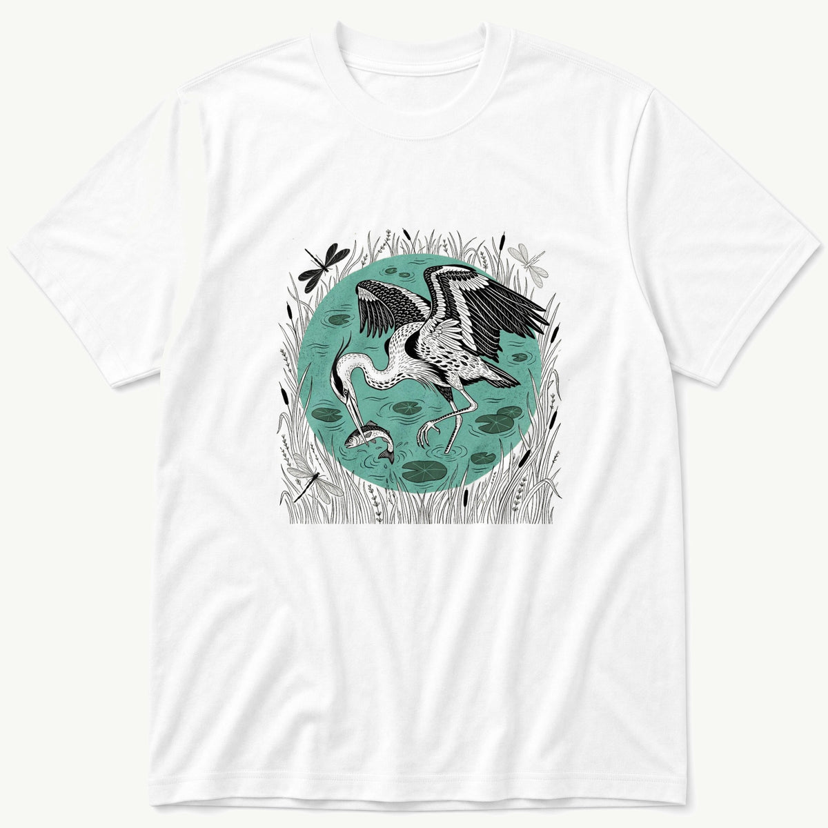 Crane In Pond 3 — White T-Shirt