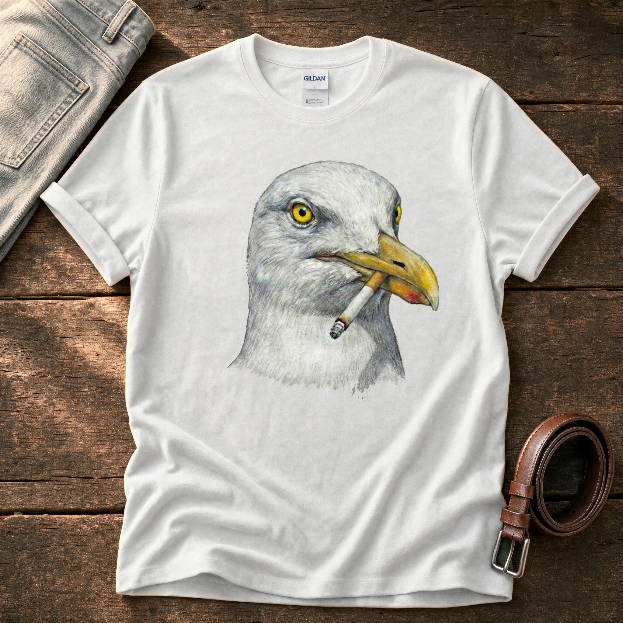 Smoking Seagull 8 — White Comfort Colors tee