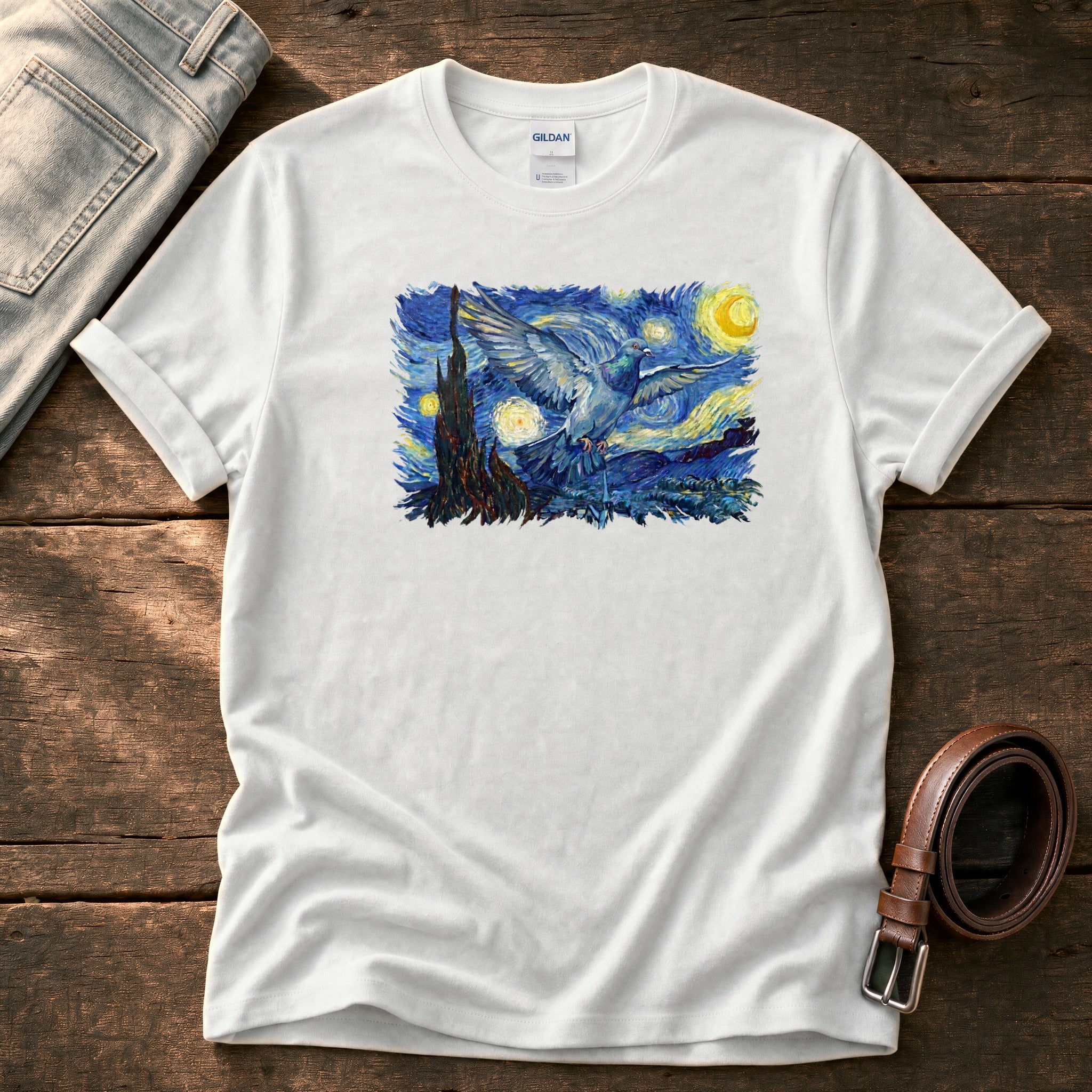 Starry Night Pigeon — White Comfort Colors tee