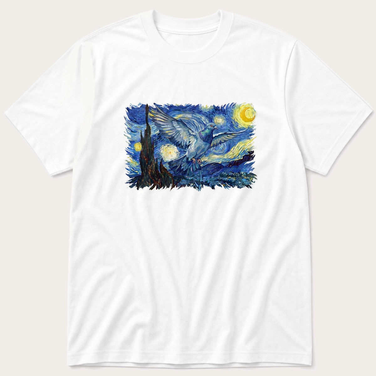 Starry Night Pigeon — White T-Shirt