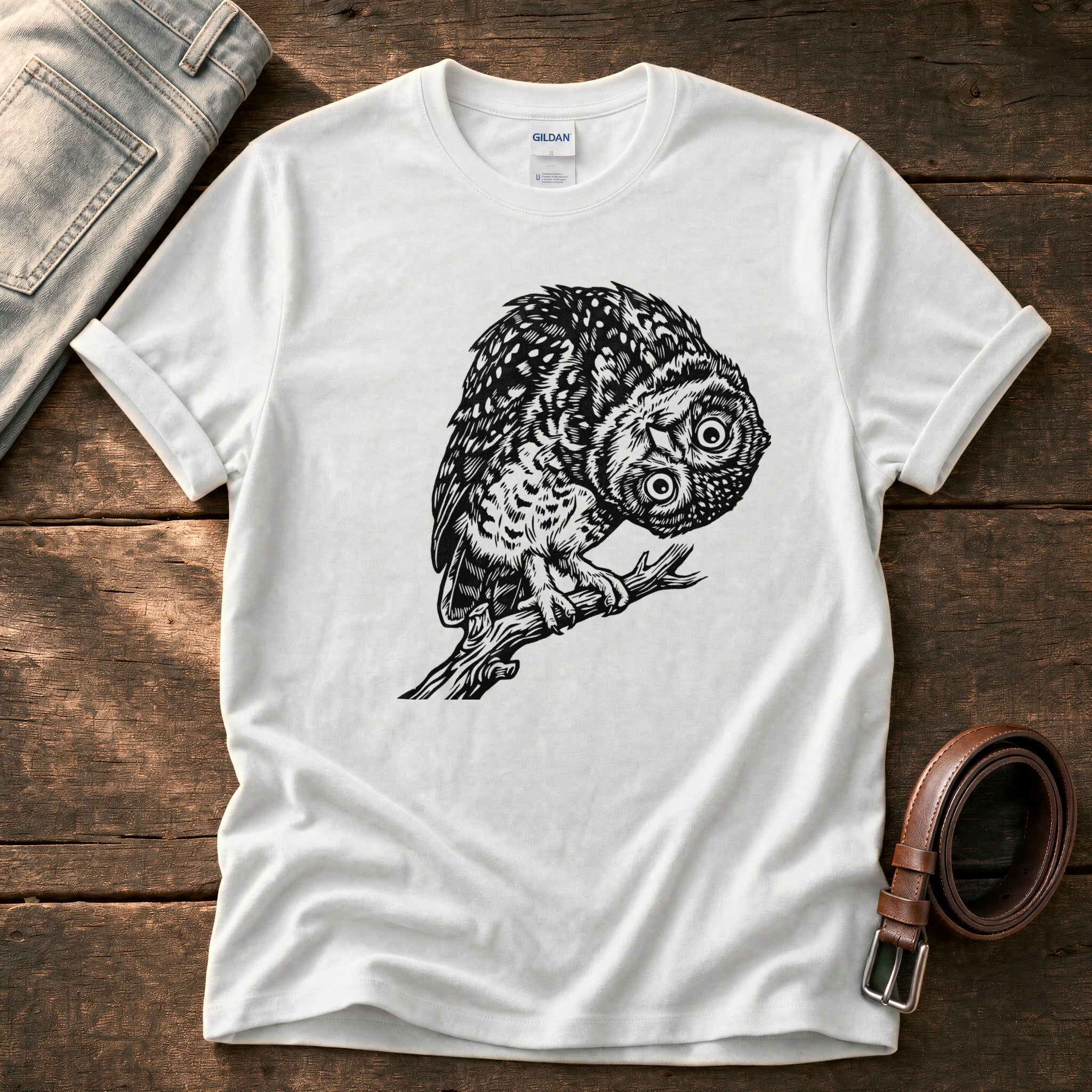Tilted Head Owl 11 — White Comfort Colors tee
