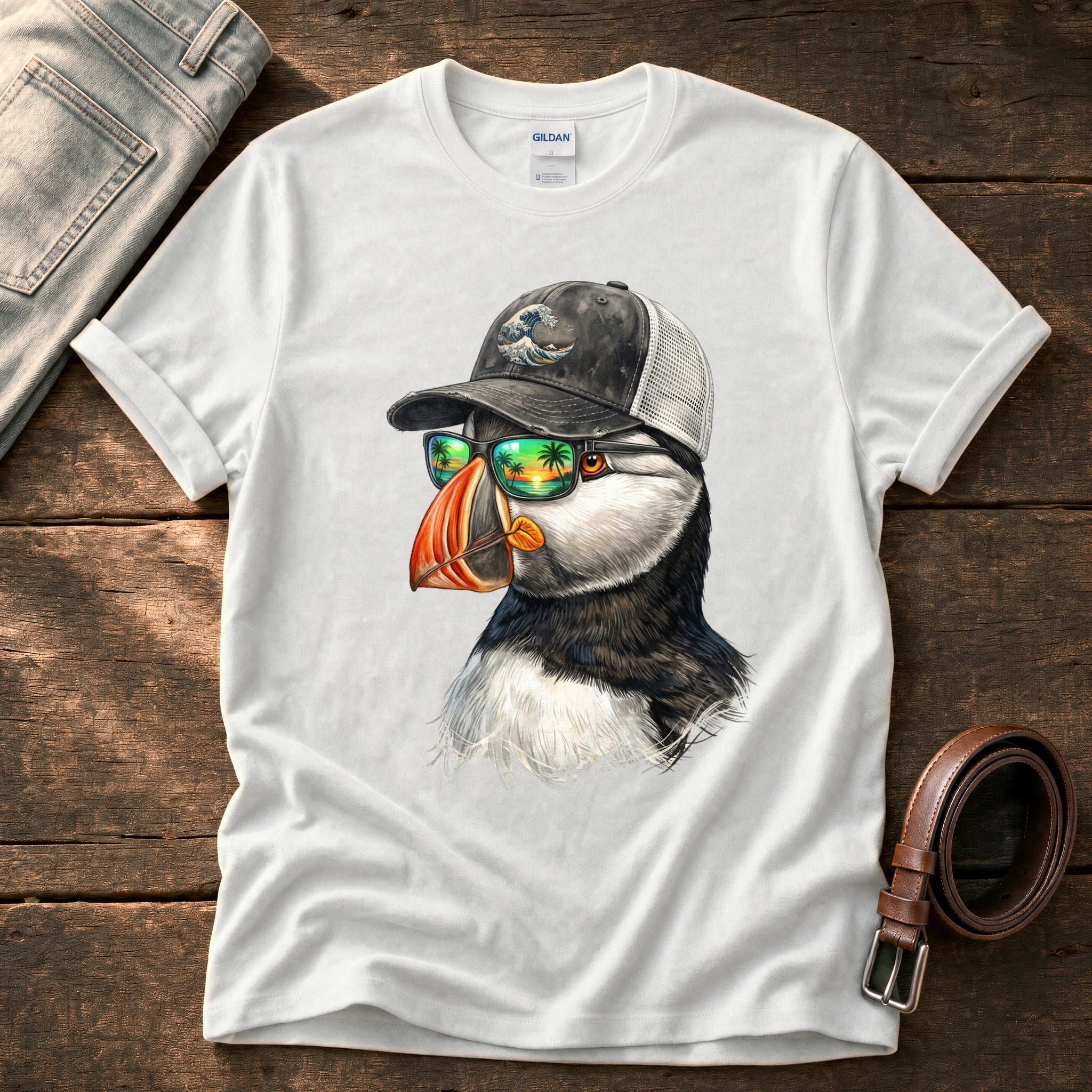 Trucker Puffin 1 — White Comfort Colors tee
