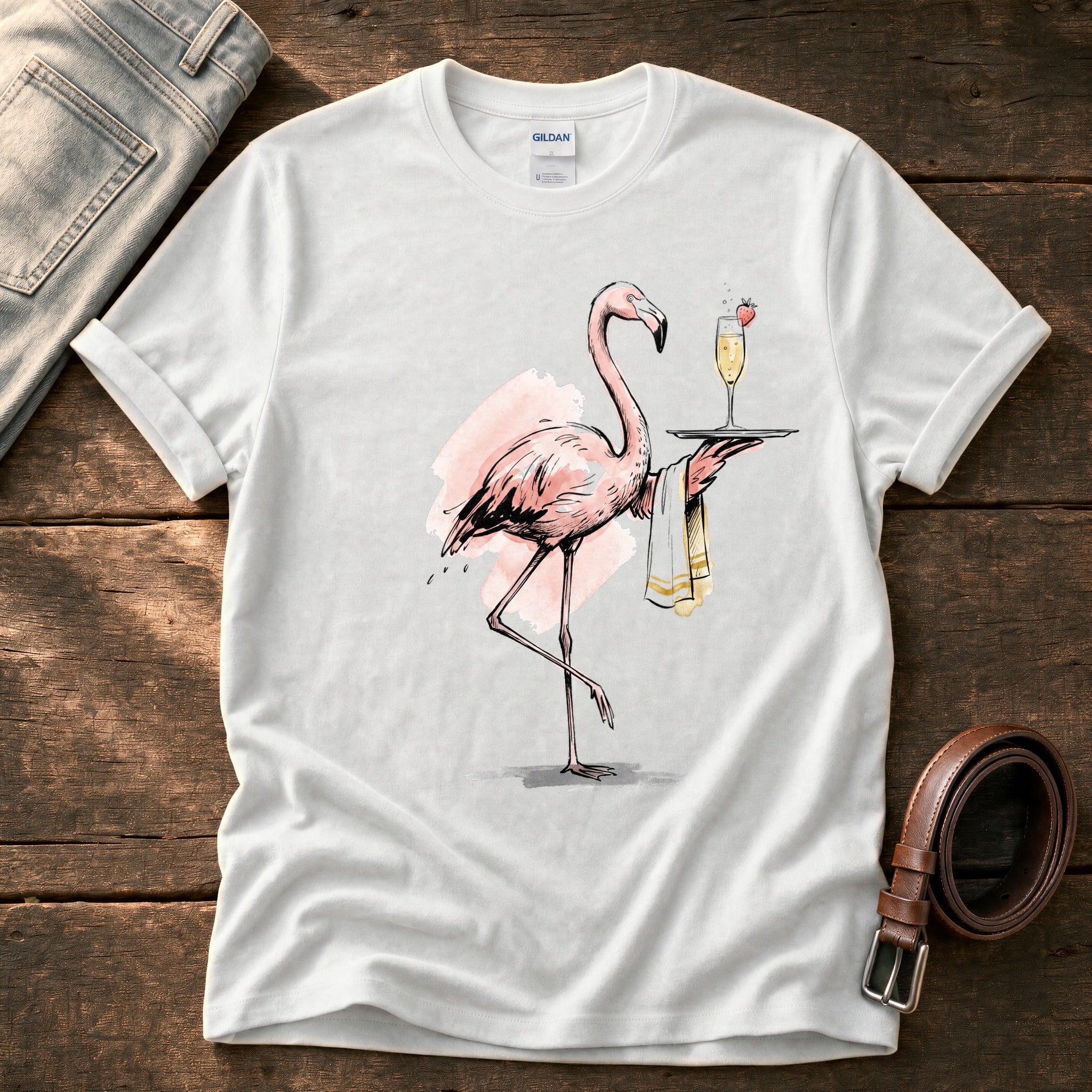 Waiter Flamingo — White Comfort Colors tee