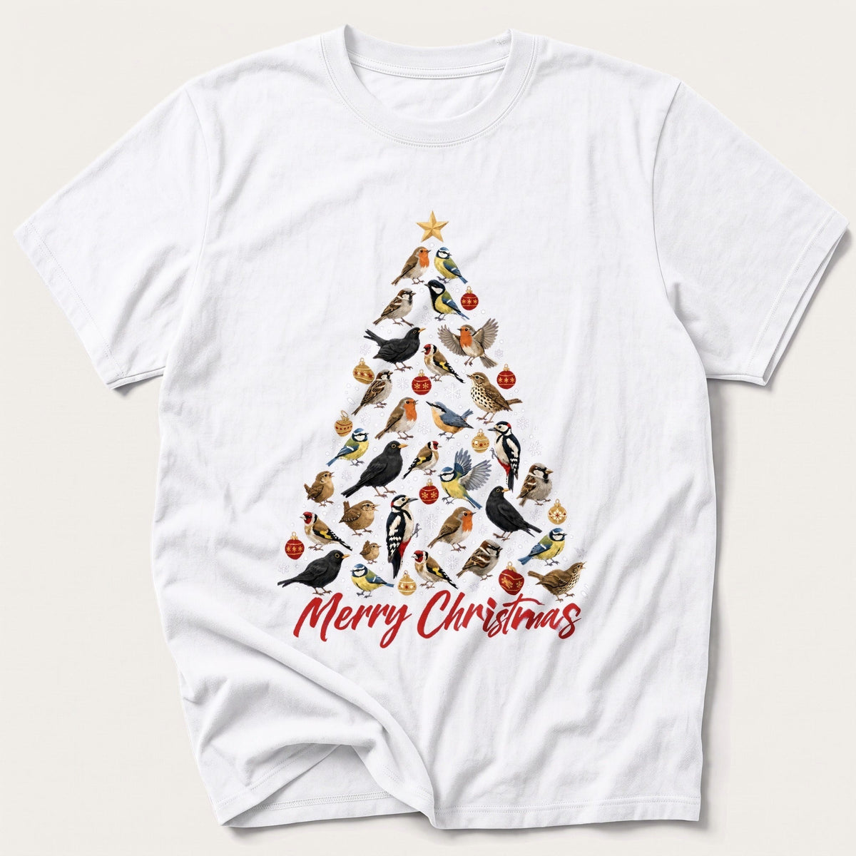 Winter Bird Christmas Tree — White T-Shirt
