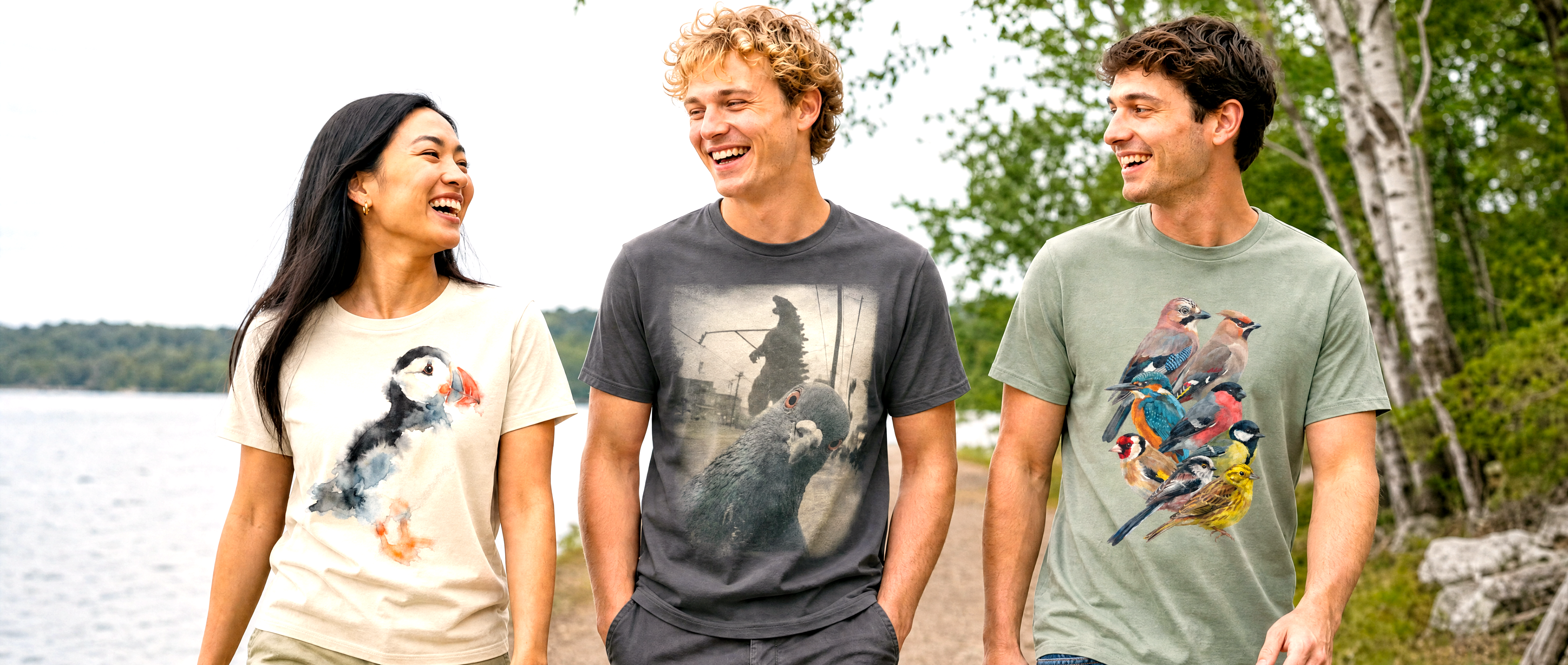 Three friends walking a lakeside path wearing FeatherFound bird t-shirts