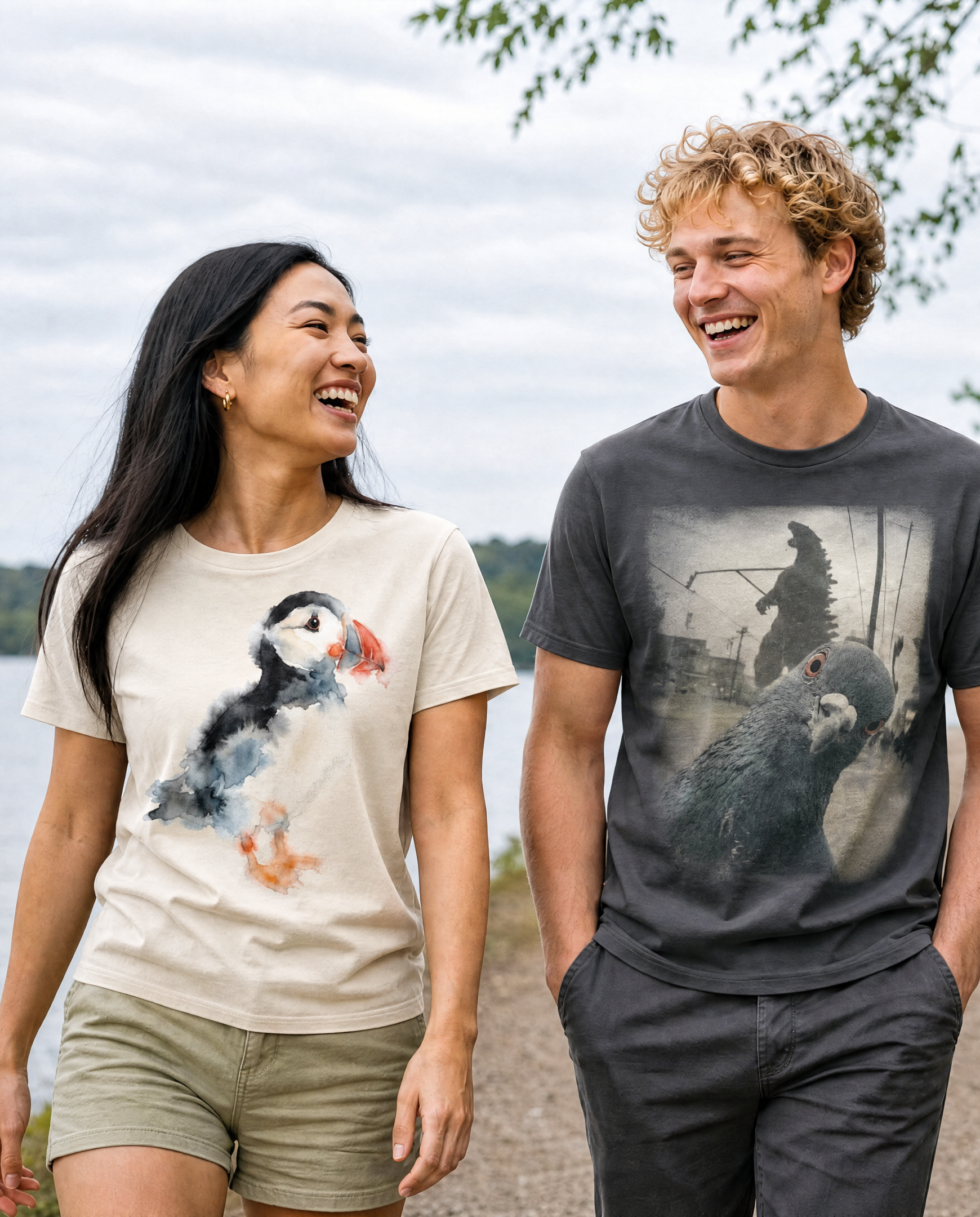 Three friends walking a lakeside path wearing FeatherFound bird t-shirts