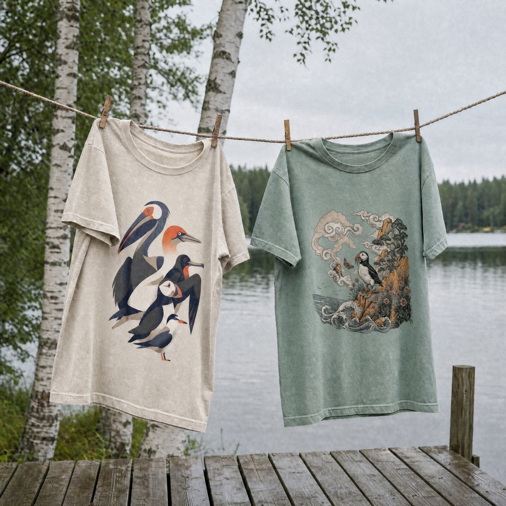 Two FeatherFound tees on a washing line by a lake